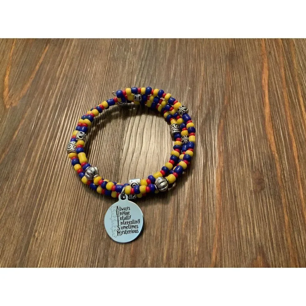 Handmade Autism awareness beaded bracelet, memory wire bracelet,‎ wrap bracelet,